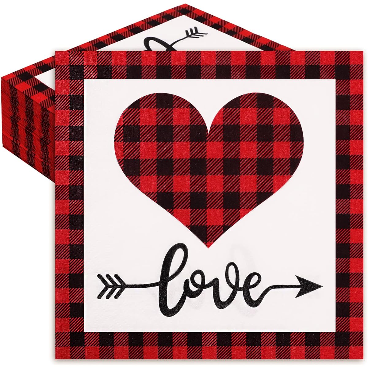Whaline Valentine's Day Napkins 6.5 x 6.5 Inch Red Buffalo Plaid Heart Disposable Napkins Love Dinner Napkins Decorative Holiday Party Paper Napkins Valentine's Day Party Supplies Pack of 80