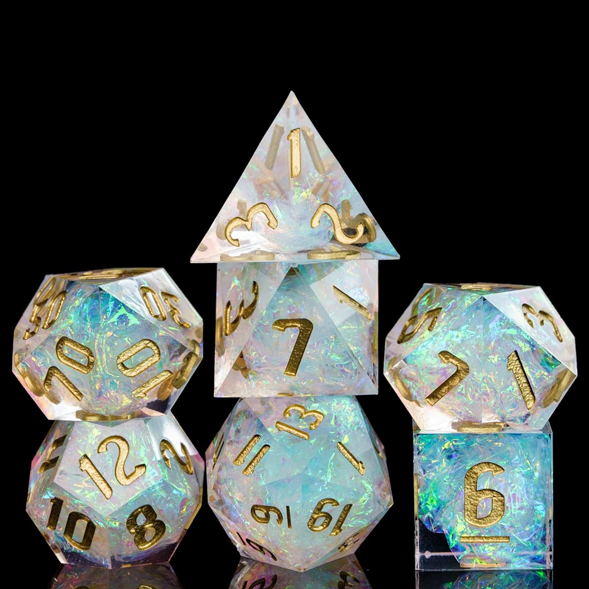Cusdie Sharp Edge DND Dice 7 Piece D&D Dice Handcrafted Polyhedral Dice Set for Role Playing Games MTG Pathfinder (Clear Rainbow Film/W)