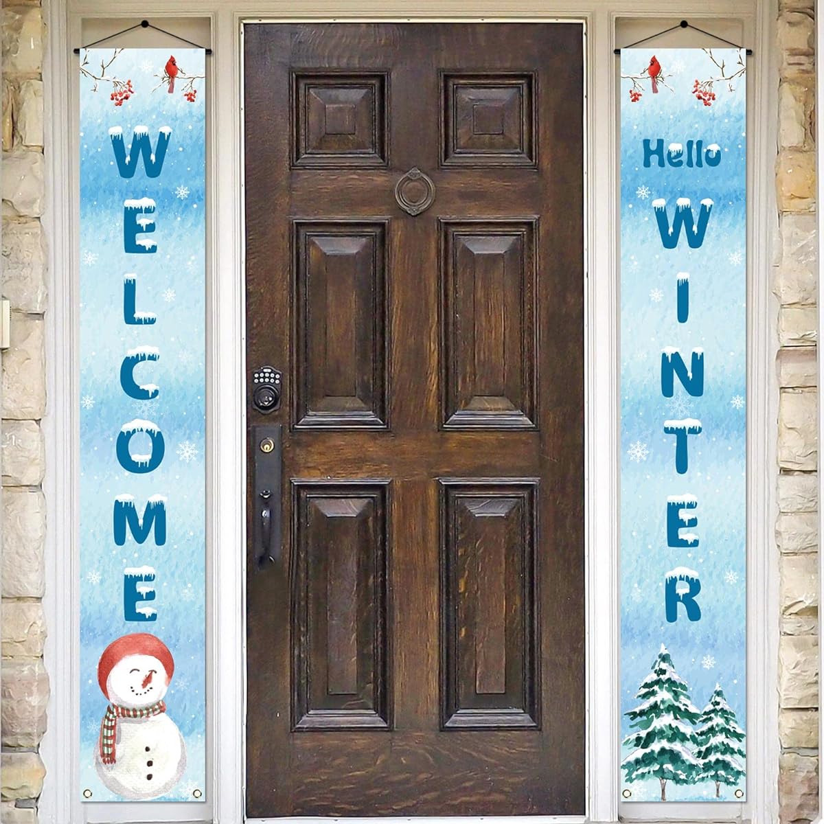 Welcome Hello Winter Porch Banner Snowman Cardinal Christmas Xmas Holiday Front Door Sign Wall Hanging Party Decorations