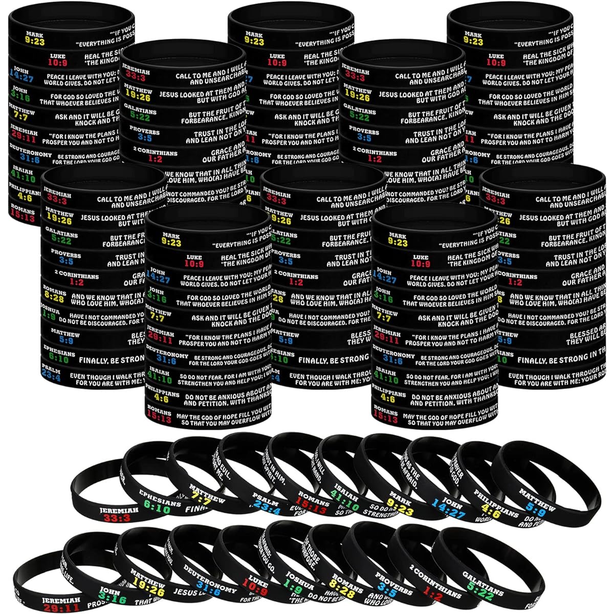 Bible Verse Bracelets Christian Bible Bracelets Bulk Rubber Religious Bracelets Silicone Bible Verse Wristbands Faith Hope Faith Wristband Bracelets for Adults Kids 100pcs, Medium, Rubber Silicone
