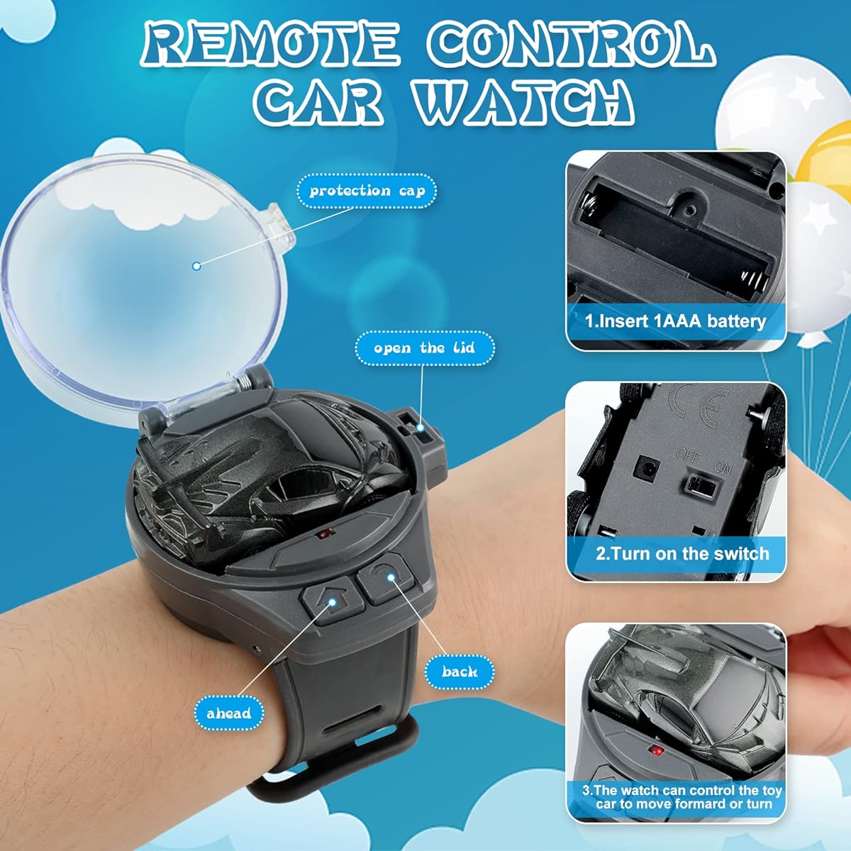 Mini Remote Control Car Toy 2.4 GHz Watch Hand Controlled Racing Car with USB Charging RC Toys for Boys and Girls (Gray+Blue) 2 Pieces