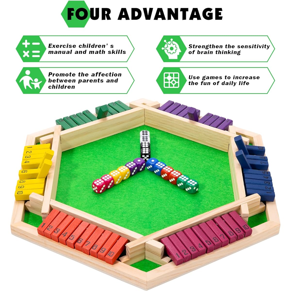 MNYUN Shut The Box Dice Game for 2-6 Players Wooden Board Table Math Game with 16 Dice and Instructions Classic Close the Box Board Game for Adults Kids Family Classroom Home Bar