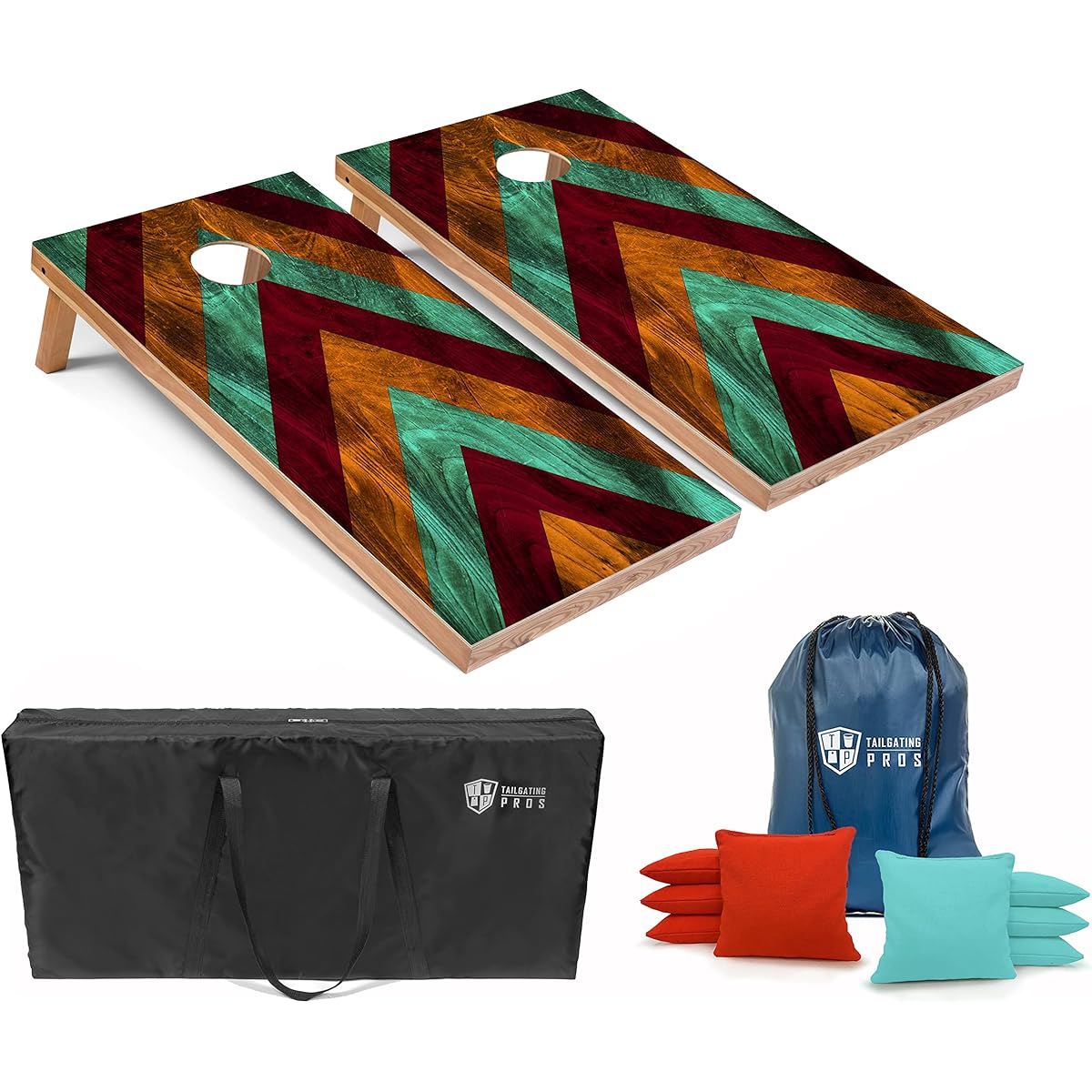 Tailgating Pros Lightweight Cornhole Board - 4'x2' Modern Wood Design Cornhole Game with Carry Case & Set of 8 Cornhole Bean Bags with Tote