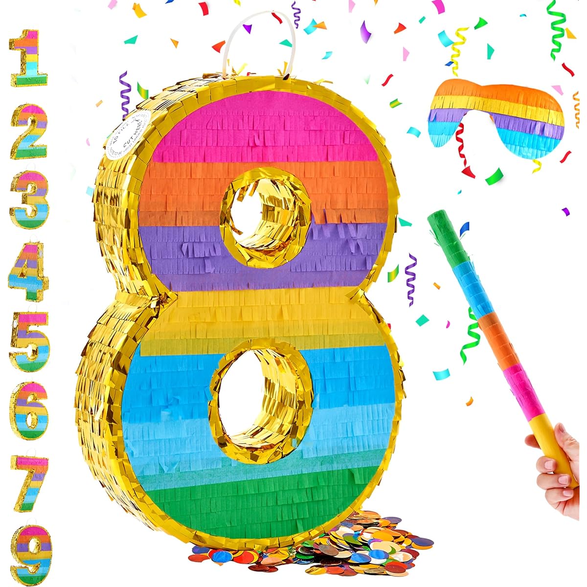 Rainbow Number 8 Pinata, 8th Birthday Party Decorations, Birthday Pinata with Stick Blindfold and Confetti for Kids Anniversary Celebration Fiesta (Small, 46.5 x 11.5 x 3 Inches)