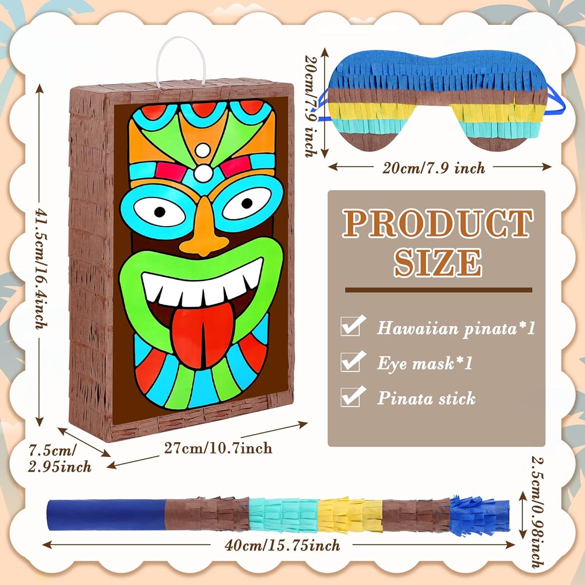 Tropical Tiki Pinata for Luau and Hawaiian Party, 3 Piece Set Luau Pinata Birthday Party Eye Mask Stick Paper Hawaiian Pinata Theme Party Supplies Decorations 16.4 x 10.7 x 3 Inches