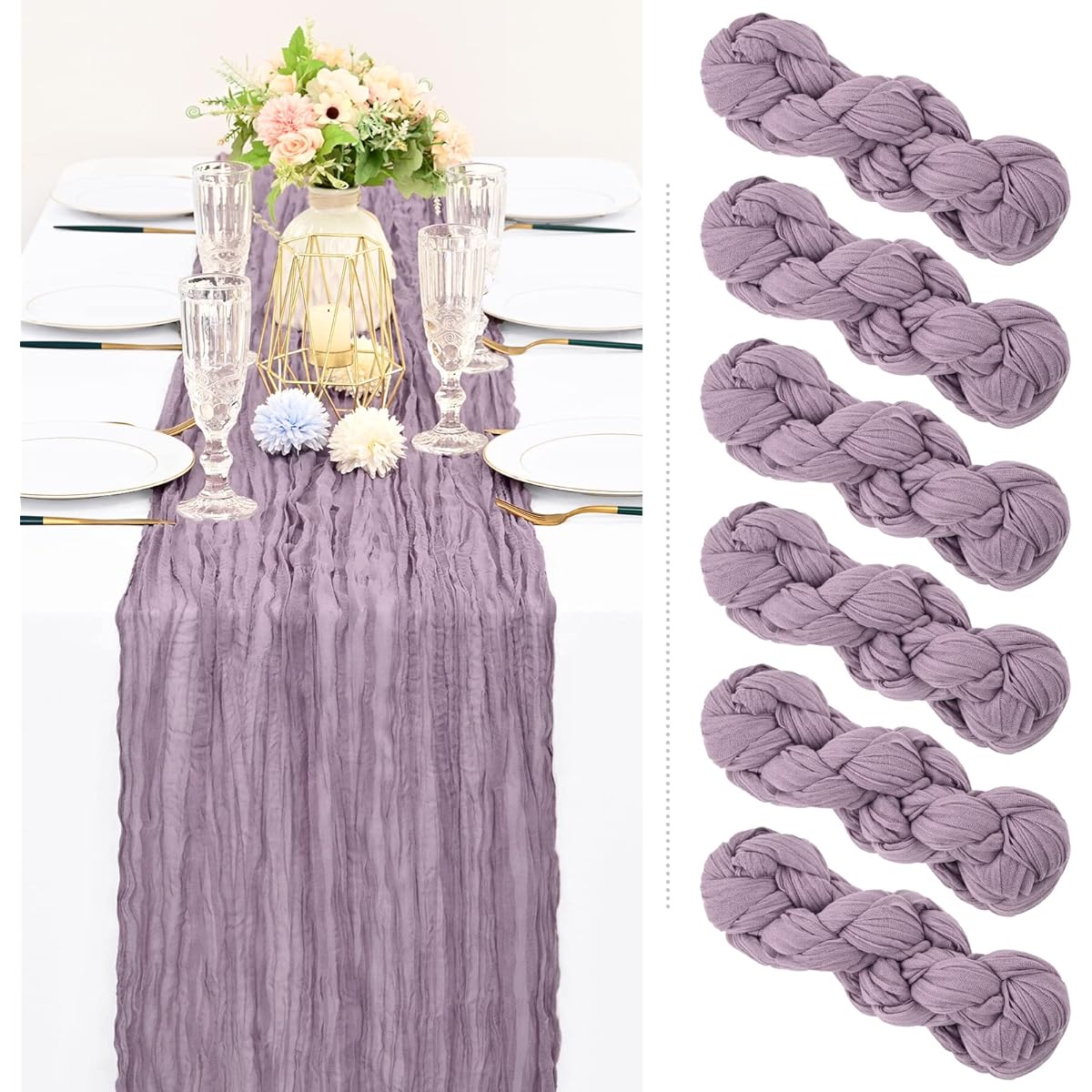 Showgeous 6 Pack Cheesecloth Table Runner Purple Gauze Table Runner 10FT Long Semi-Sheer Table Runner Boho or Rustic Wedding Table Decor for Wedding Decor Arch Draping Bridal Shower Holiday Party