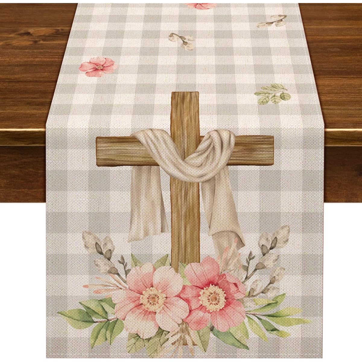Nepnuser He is Risen Buffalo Check Table Runner 72" Long Easter Christian Cross Spring Flowers Holiday Decorations Floral Home Kitchen Dining Room Decor