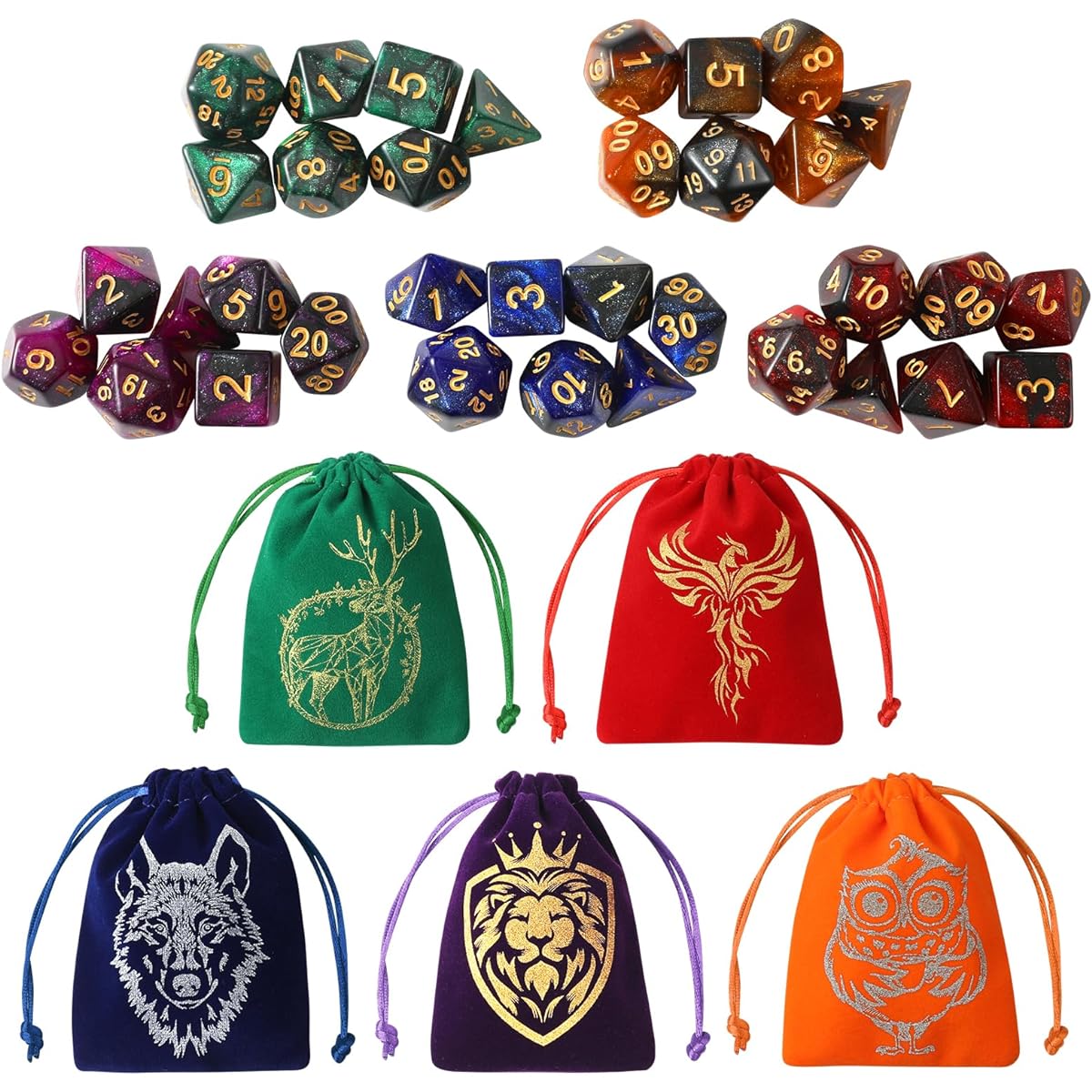 Grajar DND 35 Dice Set with 5 Colorful Animal Dice Pouches, Polyhedral Dice Set for Dungeons & Dragons D&D TTRPG MTG Tabletop Role Playing Games Starry Sky