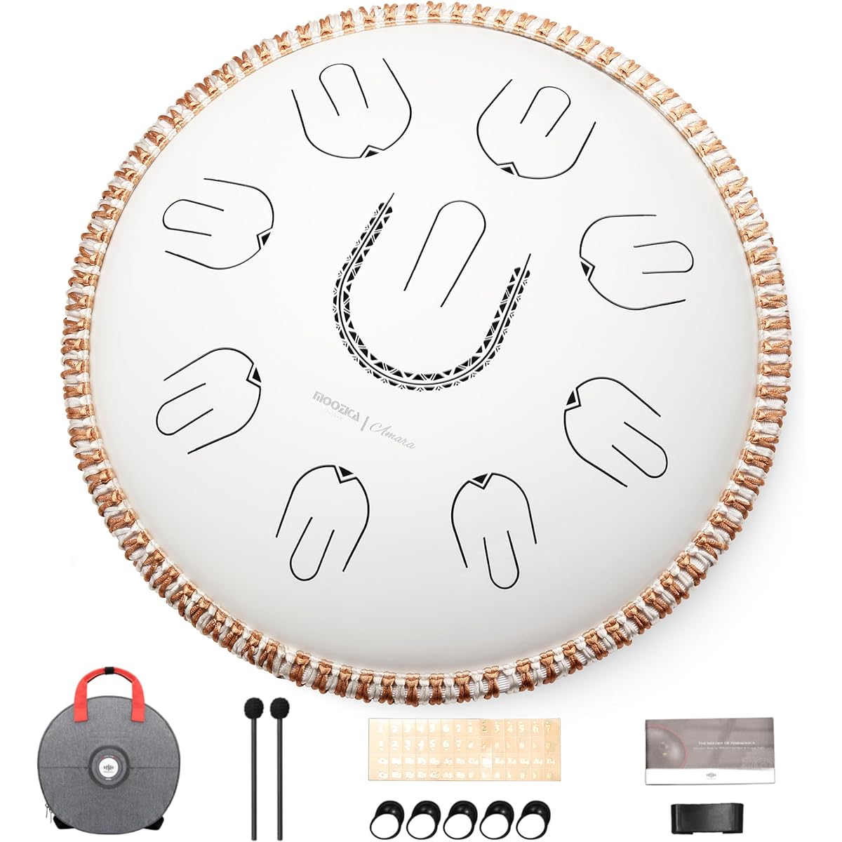 MOOZICA 14 Inch Slit Drum Tang Drum Handpan 17 Notes C Major C Major 440Hz Steel Tandam Overtone Design Meditation Yoga Zen Music Therapy Percussion Instrument Mallet Includes Instructions and Storage Bag (White Amara, Lotus Pattern)