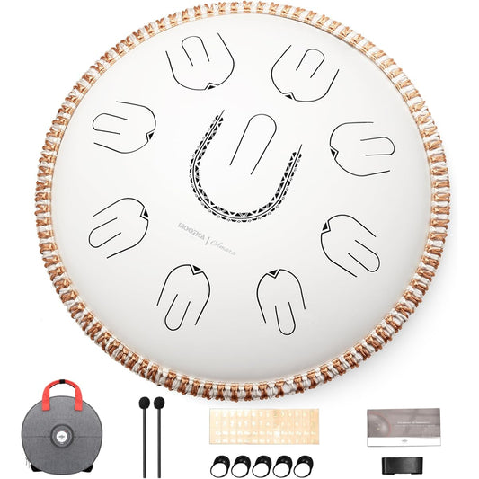MOOZICA 14 Inch Slit Drum Tang Drum Handpan 17 Notes C Major C Major 440Hz Steel Tandam Overtone Design Meditation Yoga Zen Music Therapy Percussion Instrument Mallet Includes Instructions and Storage Bag (White Amara, Lotus Pattern)