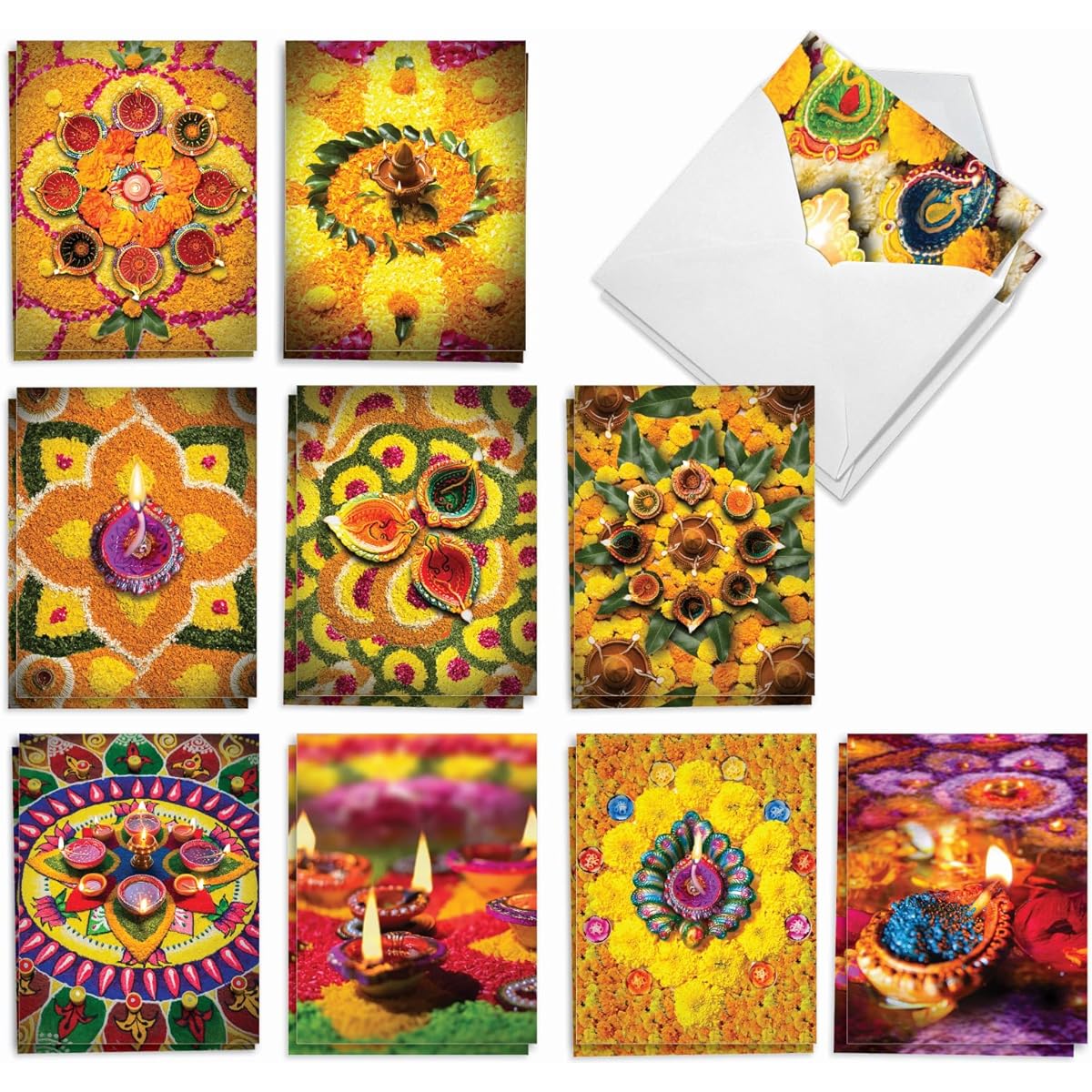 The Best Card Company Diwali Notes Bulk Box Set 4 x 5.12 Inches with Envelopes (10 Designs Each, 2 each) Diwali Wishes AM2816DWG-B2x10
