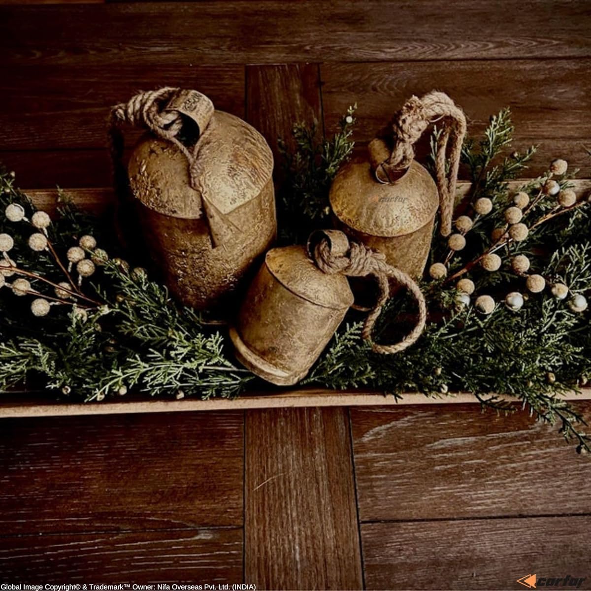 Carfar Rustic Style Large Round Bell Handmade Metal Harmony Christmas Hanging Cowbell Complete Set of Jute Rope Set of 3