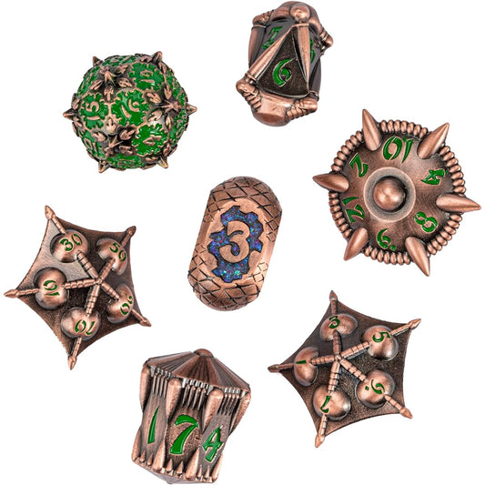 UDIXI Dragon Metal Dice Set D&D 7 Pieces Polyhedral Dice Set Unique Shape for DND Dungeons and Dragons Role Playing Game (Copper and Green Numbers)