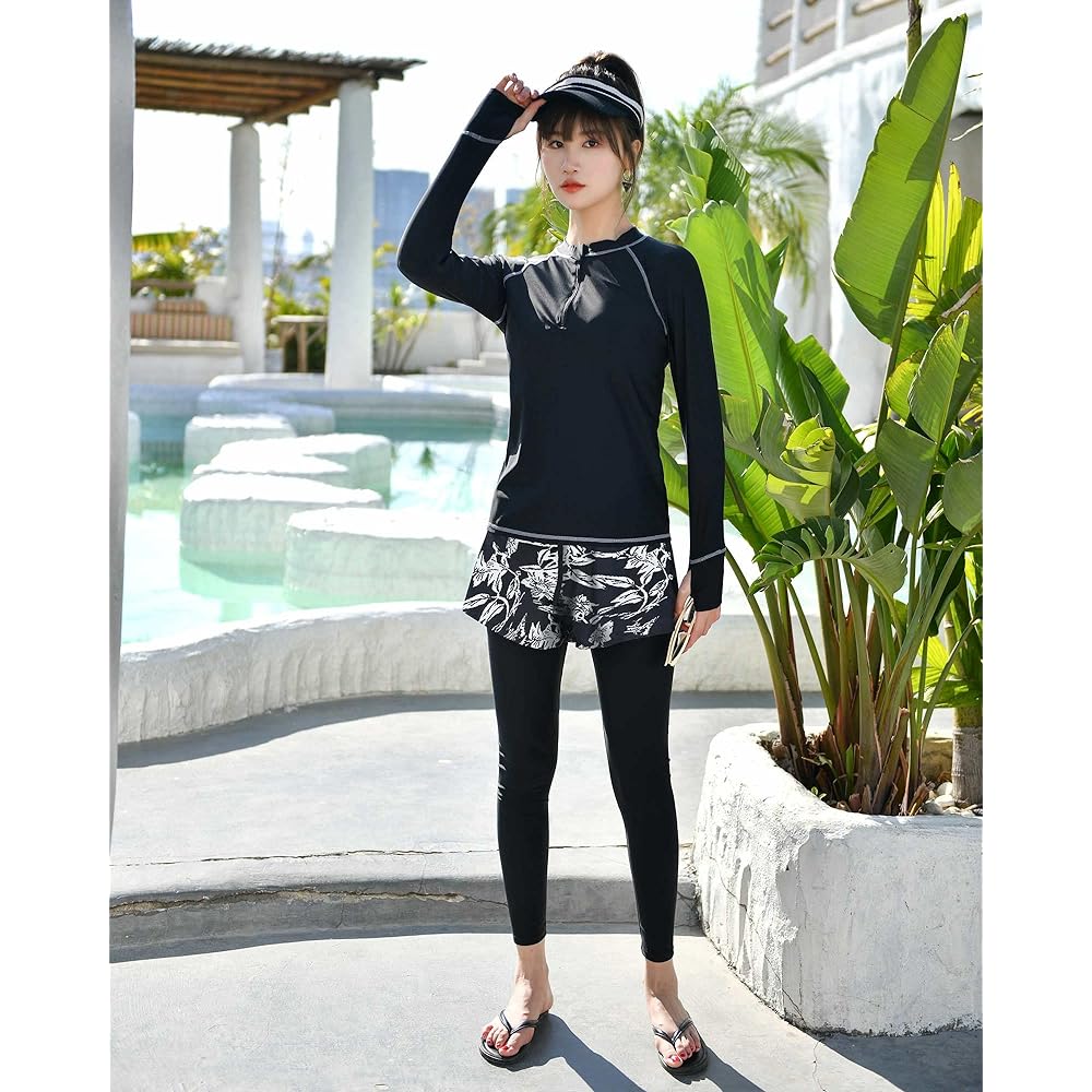 [Aptro] Women's Swimsuit, Rash Guard, Long Sleeve, Leggings, Shorts, Bra, Shorts, Zipper, Fitness Swimsuit, Body Covering, Luxurious 5-piece Set, 9044 5-piece Set L (Actually XL)