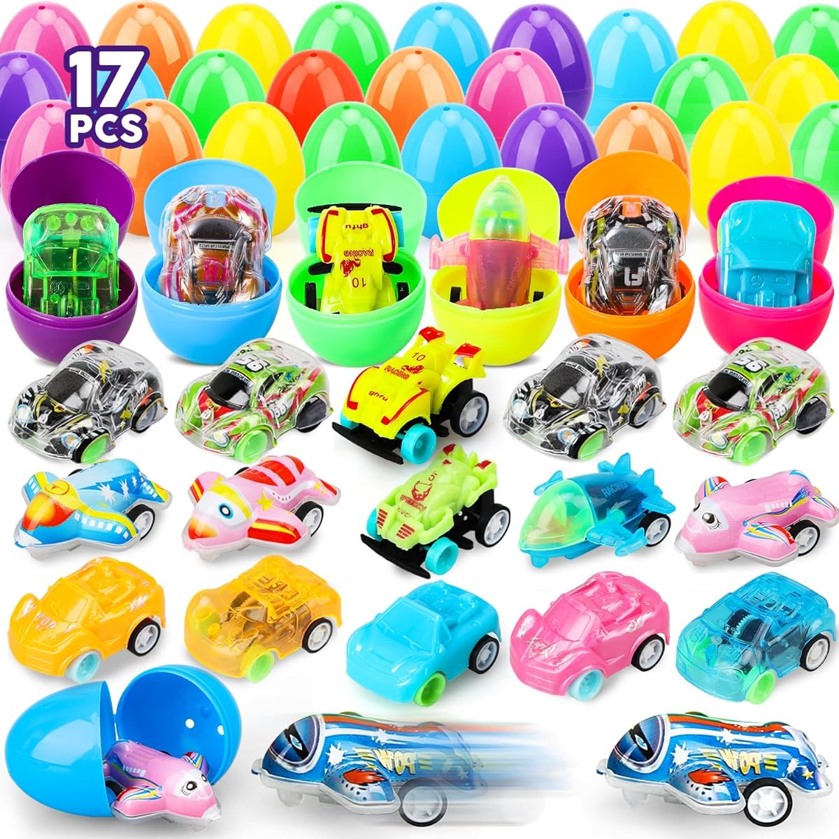TOY Life Easter Eggs for Kids Easter Pull Back Car Easter Egg Fillers Easter Party Favors Easter Basket Stuffers Bulk Easter Bag Stuffers Easter Gifts Easter Egg Hunt Easter Toys for Toddlers