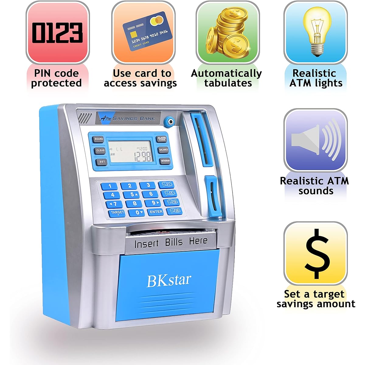 2022 Upgraded Blue ATM Piggy Bank Saving Box with Card Coin Reader Electronic Balance Calculator Money Bank for Kids Adults