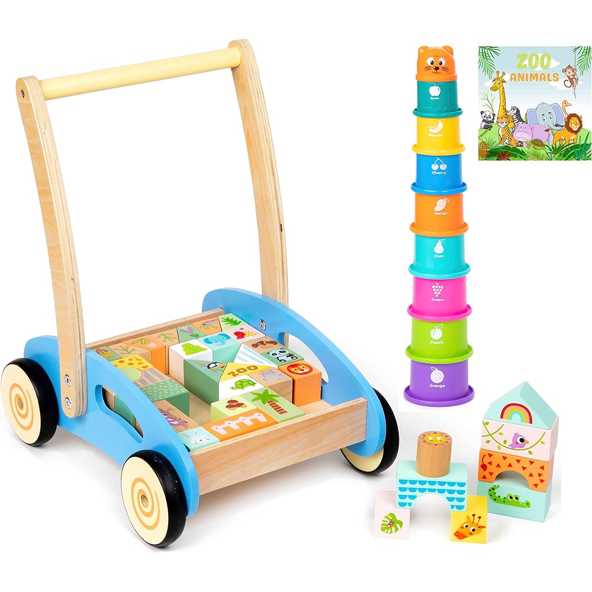 PIDOKO KIDS Wooden Baby Walker - Gift for 1 Year Old Boys and Girls - Includes Stacking Sorting Cups, Zoo Themed Blocks and Book - Montessori Learning Toys for Babies 12 Months and Up