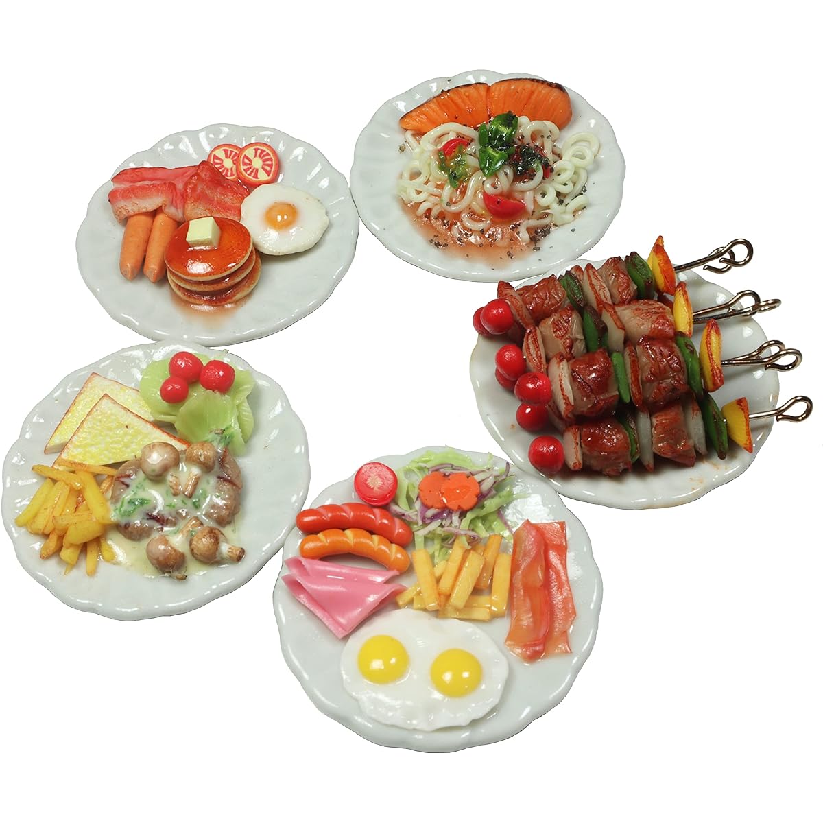 Mix 5 Types Breakfast Set Pancake BBQ Grill Spaghetti Set Dollhouse Miniature Food Small Food Dollhouse Accessories Collectible