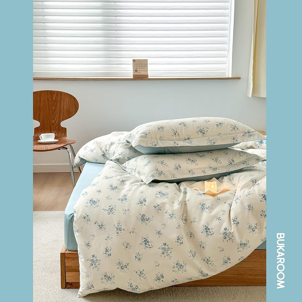 BUKAROOM 100% Cotton [Duvet Cover Set, Duvet Cover, Semi-Double, 4 Piece Set] Duvet Cover, Fitted Sheet, Pillowcase, Bed Cover, Bedding Cover, Floral Pattern, Stylish, Double Zipper, Fabric Wrapping (Blue, Cover 170*210cm)