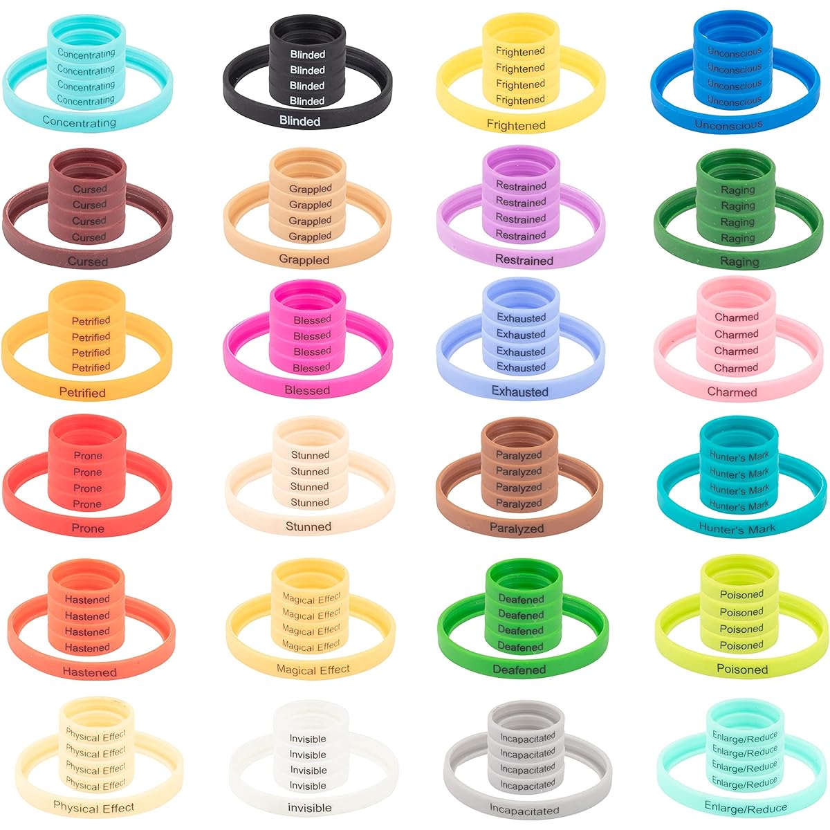 DND Flexible Condition Ring - 96 Status Effect Markers with 24 Different Condition Sizes for Medium & Large Minis - Easily Slides Under Minifigures - Compatible with Dungeons Dragons/Pathfinder/All RPG Games