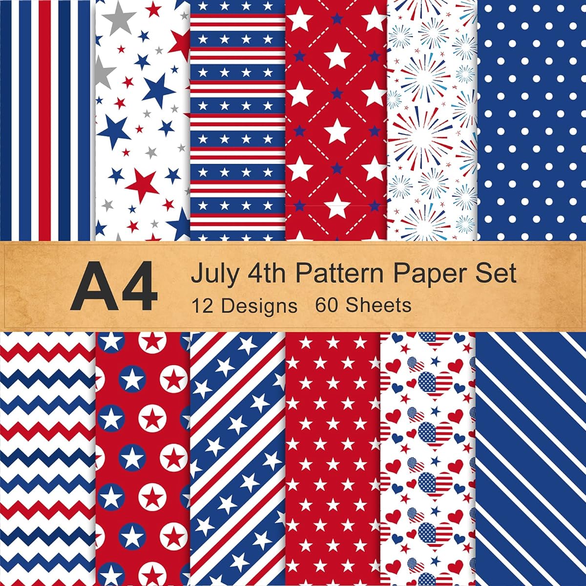 Whaline 12 Designs 4th of July Pattern Paper Set A4 Size Patriotic Stars and Stripes Fireworks Craft Paper Red Blue White Double Sided Origami for Independence Day Card Making Scrapbooking 60 Sheets