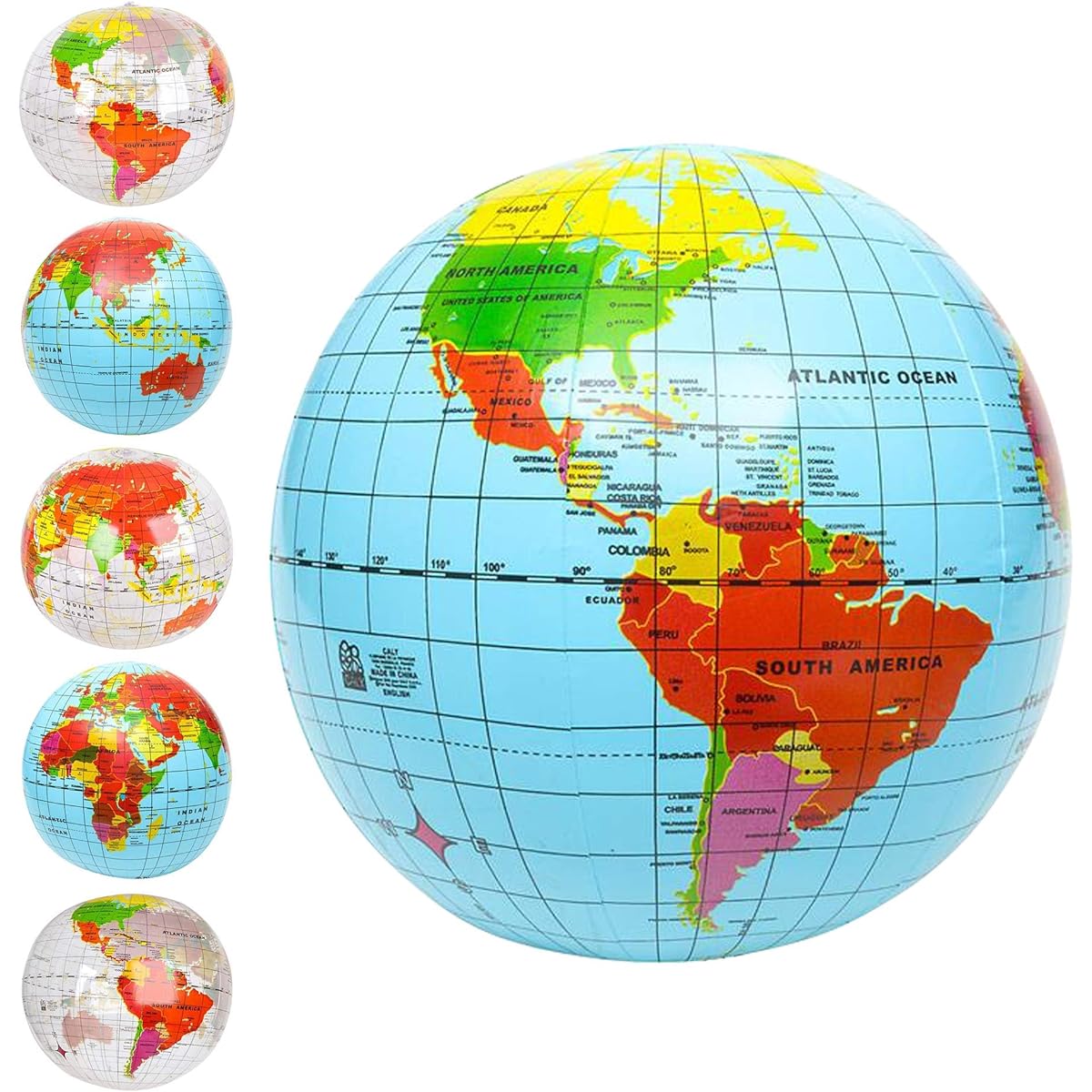 Inflatable World Globe Ball Set (Set of 6) by ArtCreativity Print Blue and Clear Colourful Earth Map 16" Floating Bouncing Balls for Pool, Summer Fun, Geography Learning & More