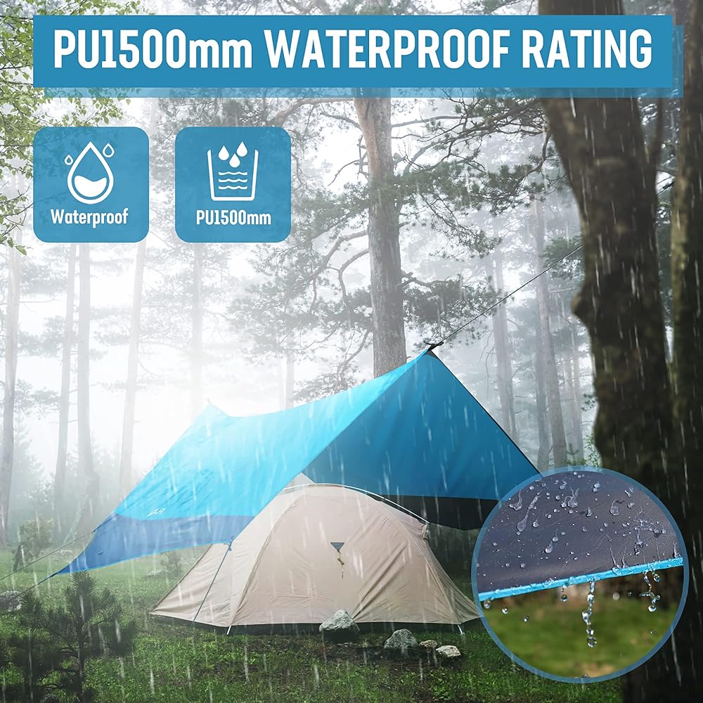 VILLEY Tarp, Awning, Camping Tarp, Sun Shelter, Lightweight, Tent Tarp, 400x350cm, PU Coating, Flame Retardant Material, UV Protection, Light Blocking, Heat Shielding, Waterproof, Outdoor, Storage Case Included [Blue]