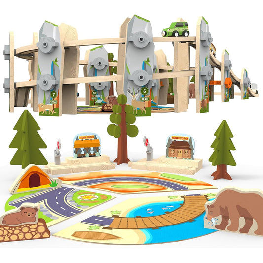 ORBRIUM 141 Pieces National Park Spiral Wooden Train Set STEAM STEM Multi-Level Brio Compatible with Thomas' Wooden Railway