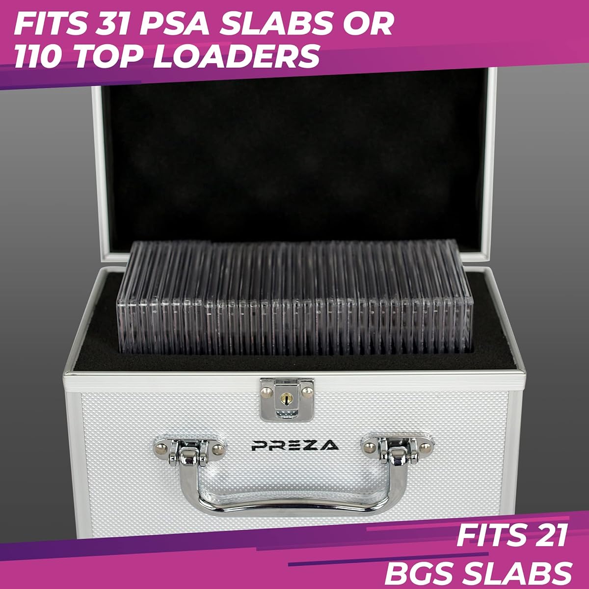 PREZA Trading Card Case Small Compact Grading Card Storage Box Display for Sports Card Collection PSA BGS Compatible Silver
