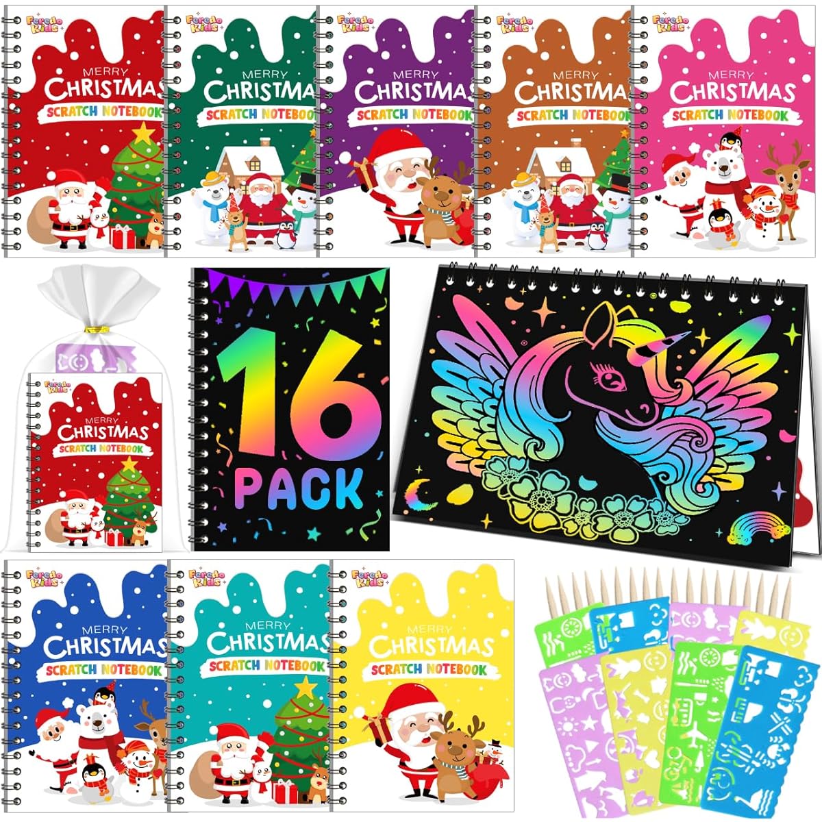 FEREDO Kids Christmas Gifts: 16 Pack Christmas Scratch Notes Bulk Purchase, Party Favors for Kids, Christmas Goodie Bags, Stocking Stuffers, Coloring Books, Craft Gifts for Kids, Classroom/Kids Bulk Purchase