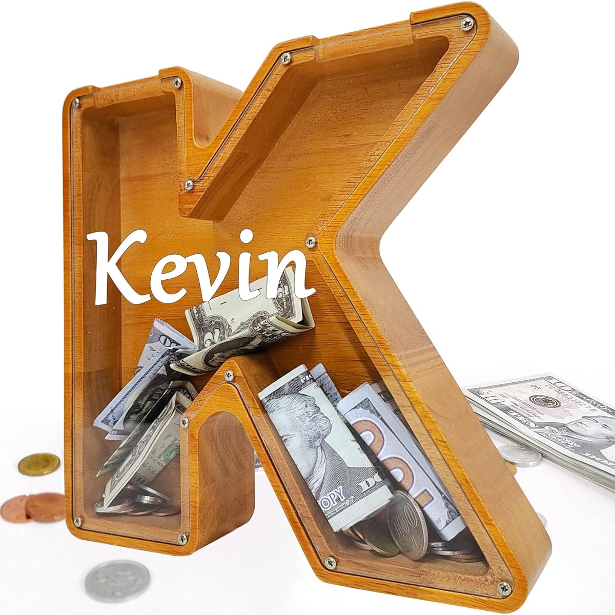 Custom Wooden Piggy Bank Creative 26 English Alphabet Letter Storage Tank Personalized Letter Coin Bank Customize Wooden Toy Piggy Bank Frame DIY Your Own Name Letter Decor Kids Piggy Bank (K)