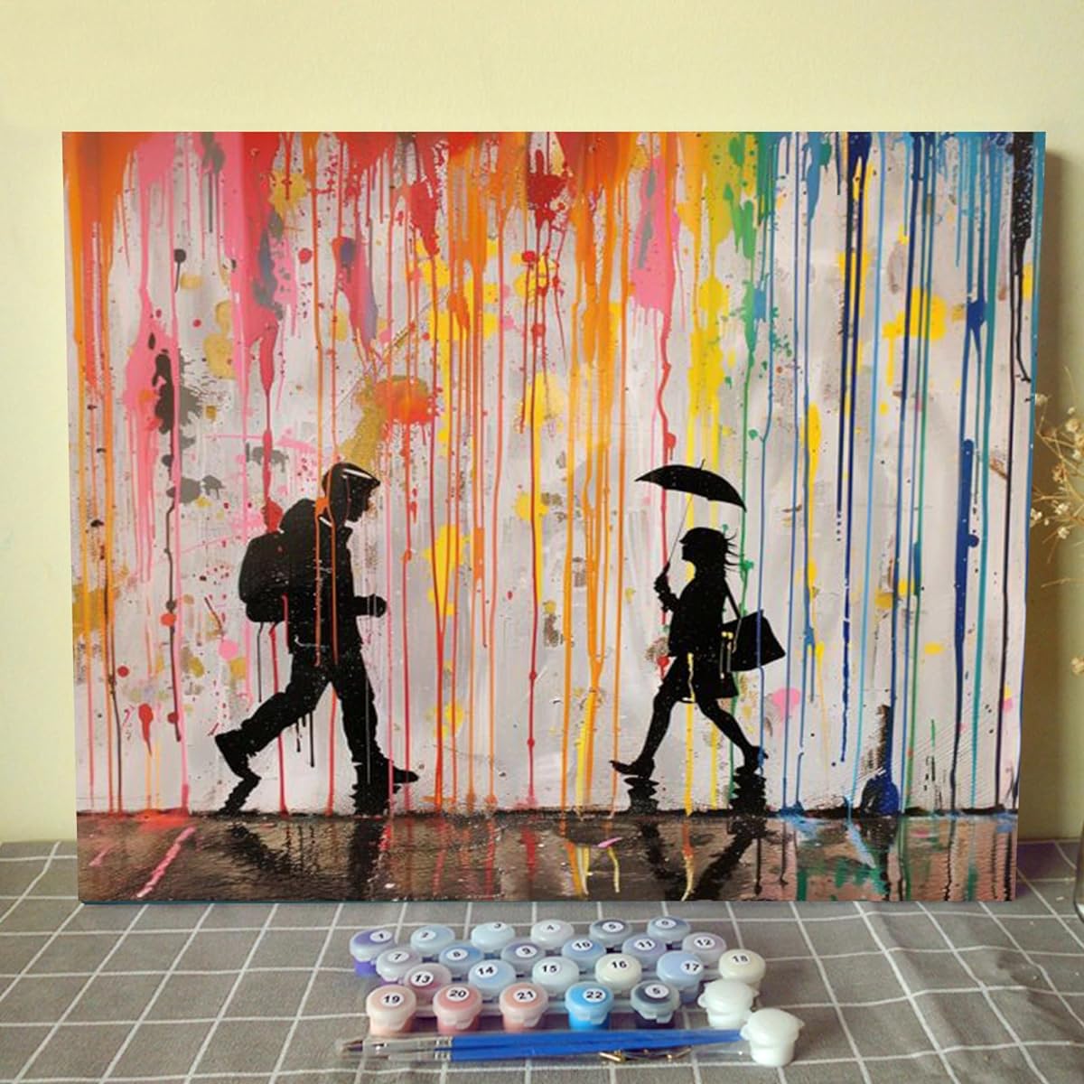 Paint by Numbers DIY Banksy Street Graffiti Style Rainbow Rain Canvas Oil Painting Kit Kids Adult Beginner Acrylic Paint Artwork Home Living Room Wall Decor Painting (Frameless)