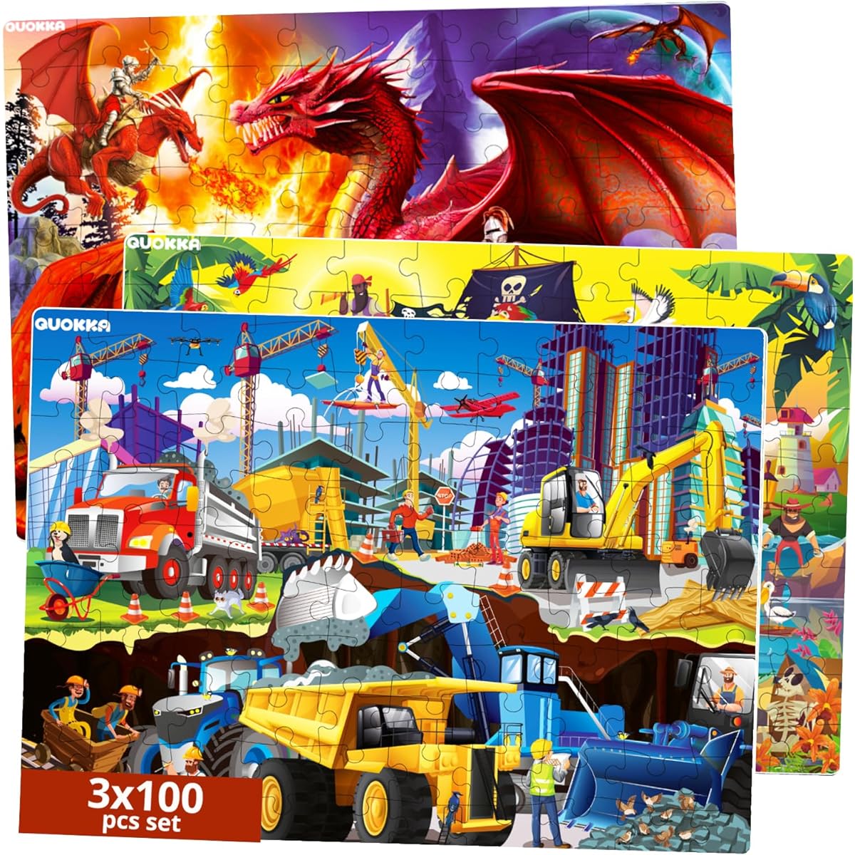 QUOKKA 100 Piece Puzzle for Kids Ages 4-6 3 Floor Puzzle for Toddlers Age 3-5 Pirate & Construction & Animal Learning Toys for Ages 6-8 - Jigsaw Puzzles Toddler Games for Boys and Girls