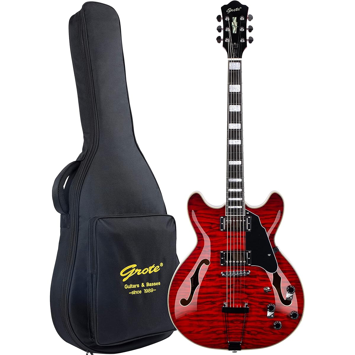 Grote Semi-Hollow Body Electric Guitar Thinline Arched Top Coil Splitting with Gig Bag GYS-35 (Red)