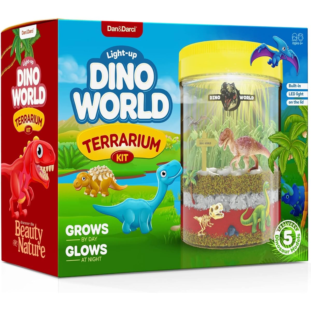 Dino World Terrarium Kit for Kids - LED Light in Lid - Gift for Boys and Girls Ages 3 4 5 6 7 8+ - Dinosaur Garden + Toy Dinosaurs - STEM Science Gardening Kit