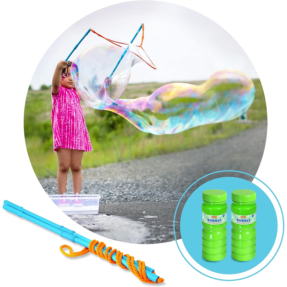 Kidzlane Bubble Wand 24oz Mixed Giant Bubble Solution | Giant Bubble Wand for Kids | Outside Toy Big Bubble Maker | Bubble Toy for Outdoor Play Ages 3+