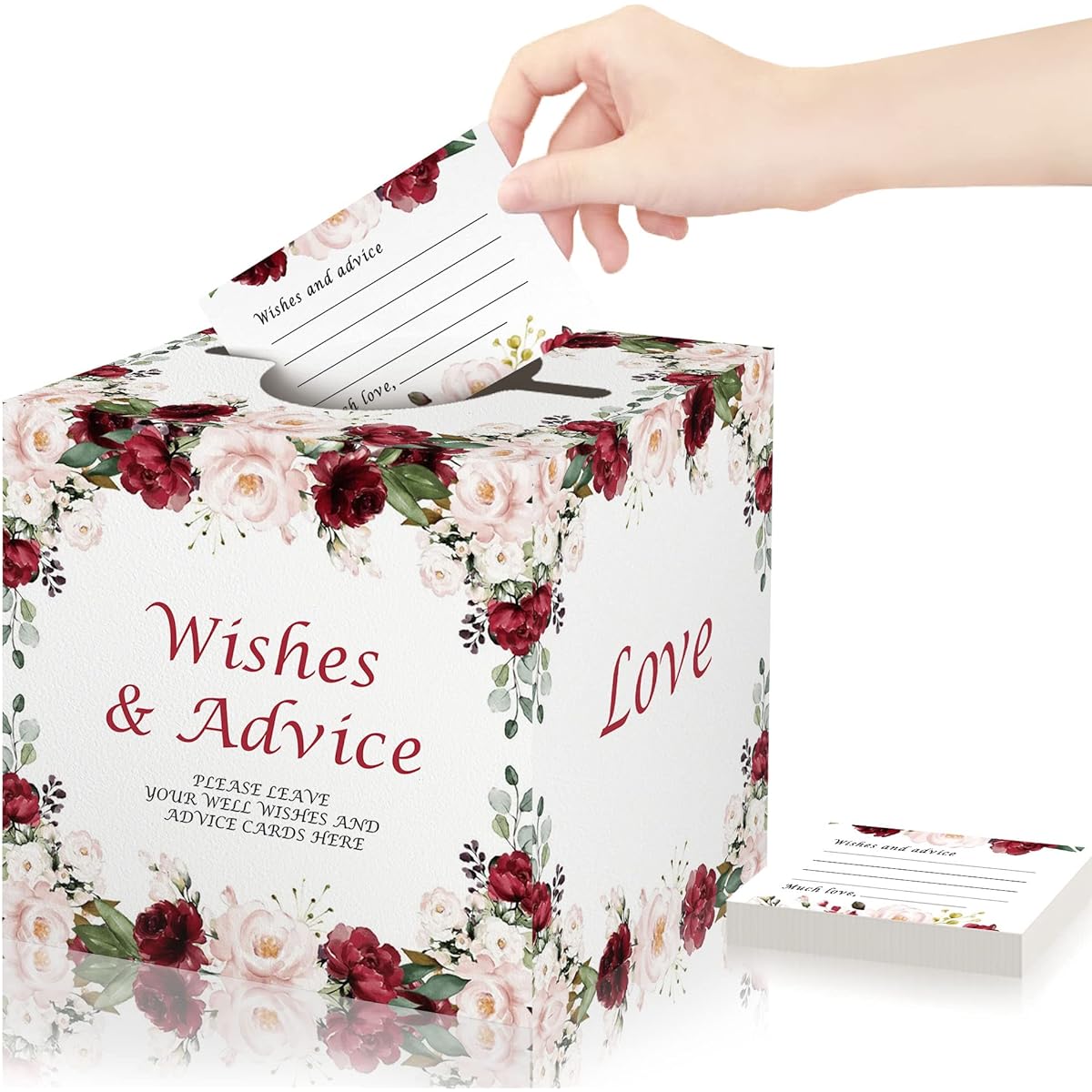 Bridal Shower Games Advice and Wishes Cards for Newlyweds, 50 Pieces Rose Flower Themed Advice Cards with Holder Box for Bridal Shower Meaningful Wedding Party Activity Decoration Supplies