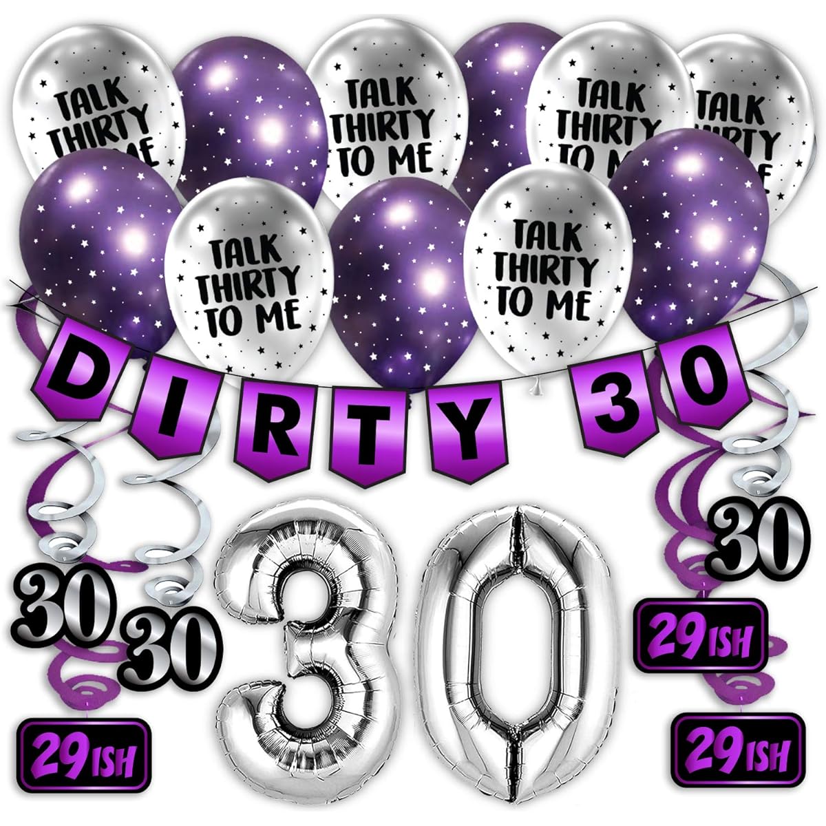 30th Birthday Party Pack, Purple 30th Birthday Banner, Balloons and Swirls Pack, Birthday Decorations, 30th Birthday Party Supplies, Favors, Gifts