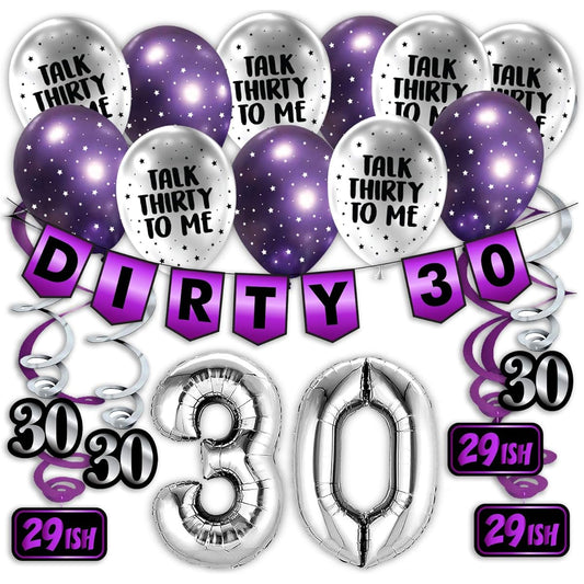 30th Birthday Party Pack, Purple 30th Birthday Banner, Balloons and Swirls Pack, Birthday Decorations, 30th Birthday Party Supplies, Favors, Gifts