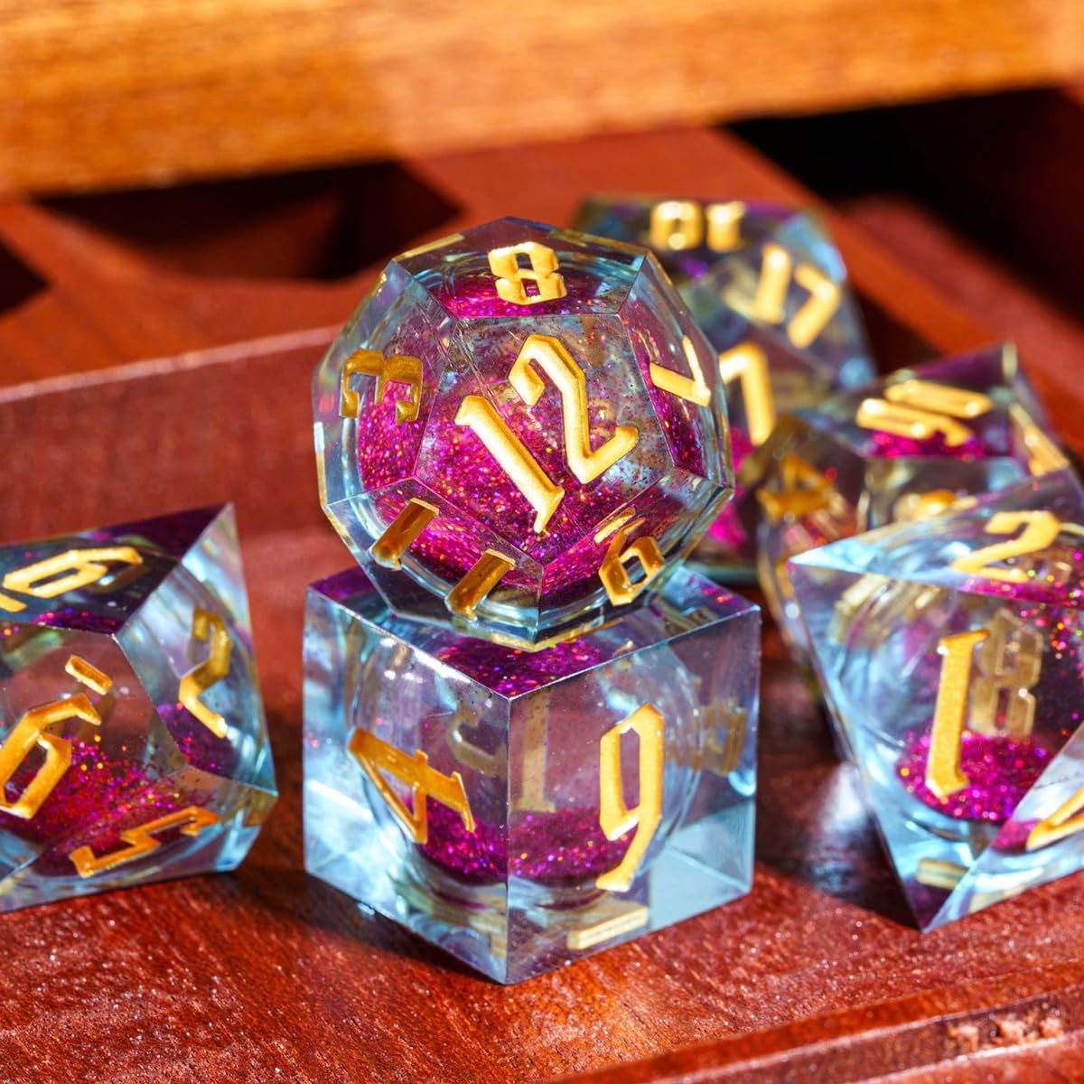 Cusdie Handmade DND Dice Liquid Core Dice Set D&D Quicksand Sharp Dice 7 Piece Polyhedral Dice Set for Dungeons & Dragons RPG MTG and Other Tabletop Games (Purple and Orange)