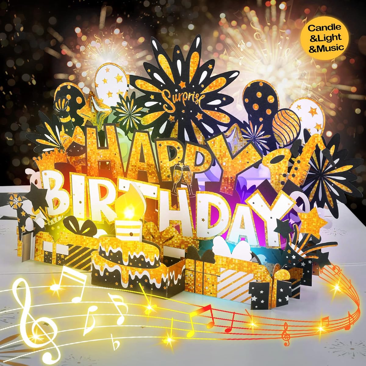 BYKOOO Birthday Card | Musical Pop Up Birthday Card with Light | LED Light Candle & Play Happy Birthday Music Pop Up Card | Greeting Card Gift for Him or Her | Black Gold (Blowable Candle)