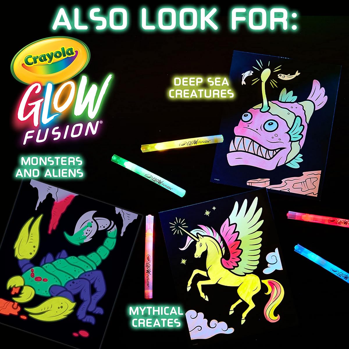 Crayola Glow Fusion - Deep Sea Creatures (12 Pieces) Glow-in-the-Dark Markers Sea Creatures Coloring Book Gift for Boys and Girls Ages 8 and Up
