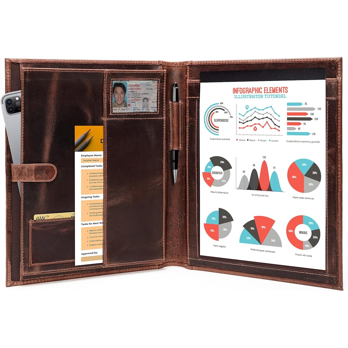 Luxeoria Handmade Full Grain Brown Leather Padfolio Pad Portfolio Organizer | Handmade Executive Notebook Binder | Heavy Duty Full Grain Cowhide Small Meeting Bifold for Men and Women