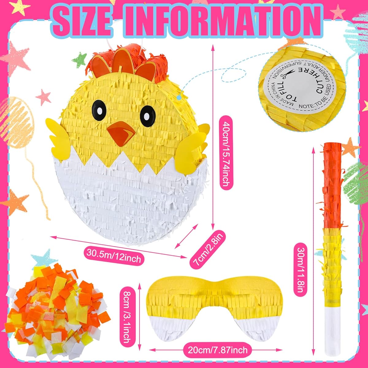 Easter Chick Pinata Party Favors Easter Eggs Cute Chicken Pinata with Bat Blindfold Confetti Easter Party Decorations 15.75 x 12.01 x 2.76 inches