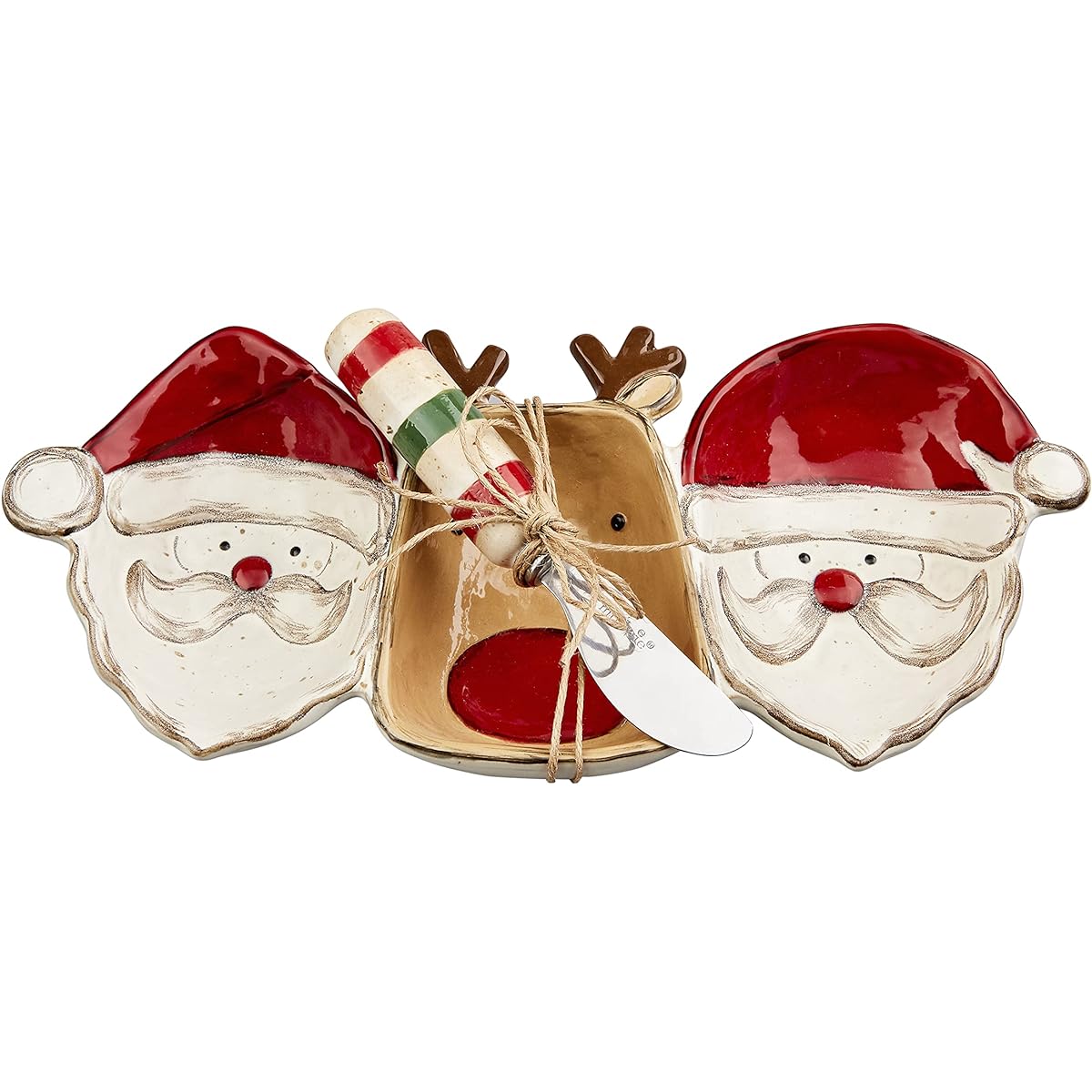 Mud Pie, Multi, Christmas Santa and Reindeer Triple Dip Serving Set, 5" x 11", dish spreader 5 1/2"
