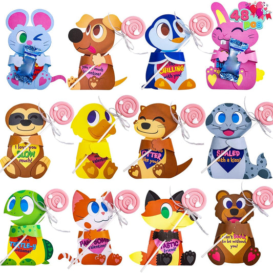 48 Valentine's Day Animal Candy Holder Cards