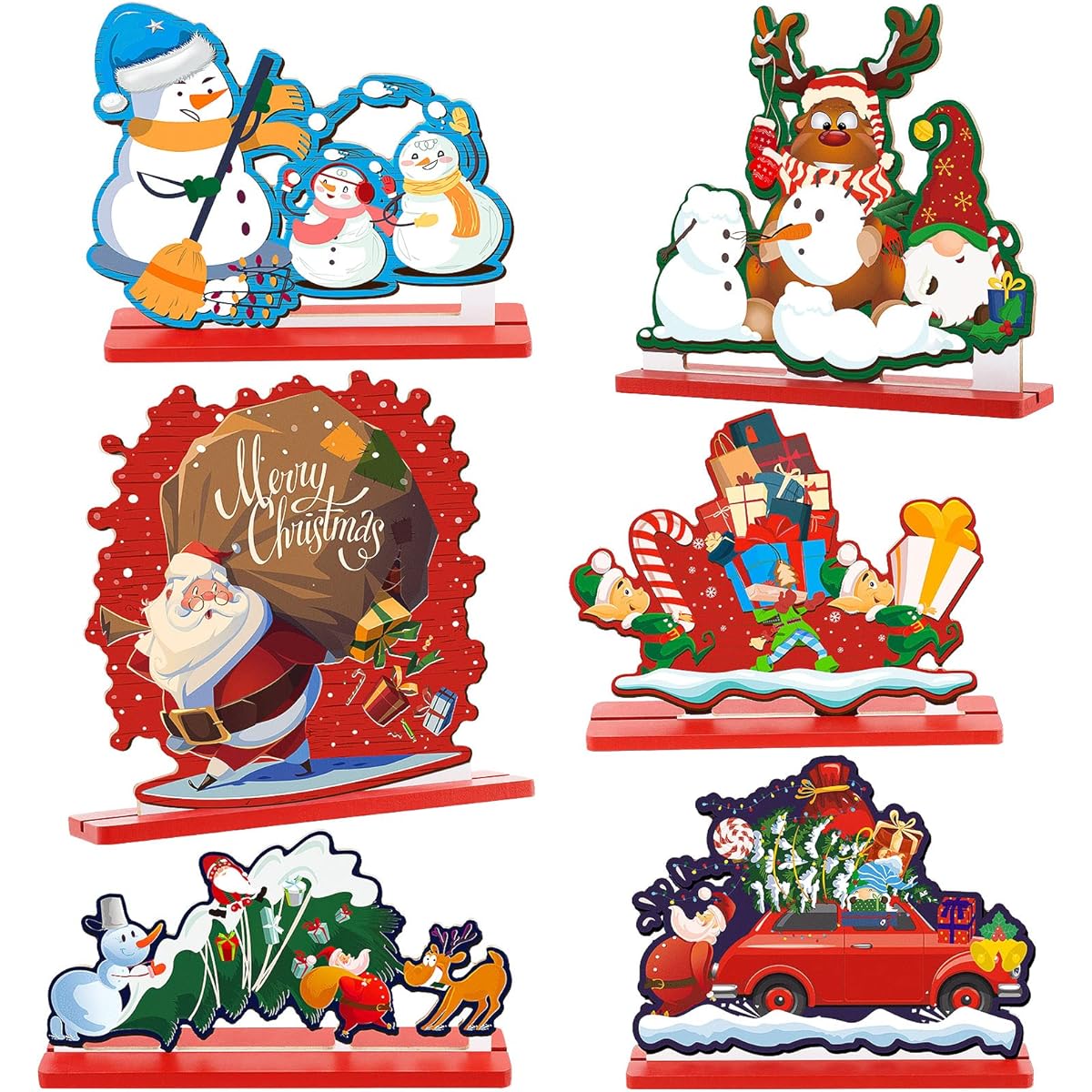 MCEAST Christmas Table Decorations for Dinner Party Coffee Table Wooden Christmas Centerpieces for Tables Santa Snowman Reindeer Happy Holidays Home Desk Decor 6 Pack