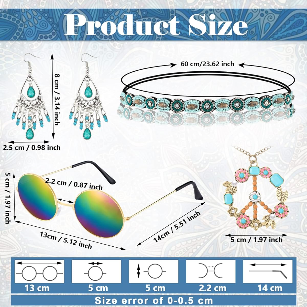 6 Piece 60s 70s Hippie Costume Accessories Set, Fringe Hippie Vest, Faux Suede Tassel Vest, Sunglasses, Necklace, Earrings, Headband, As Pictures Show, Small