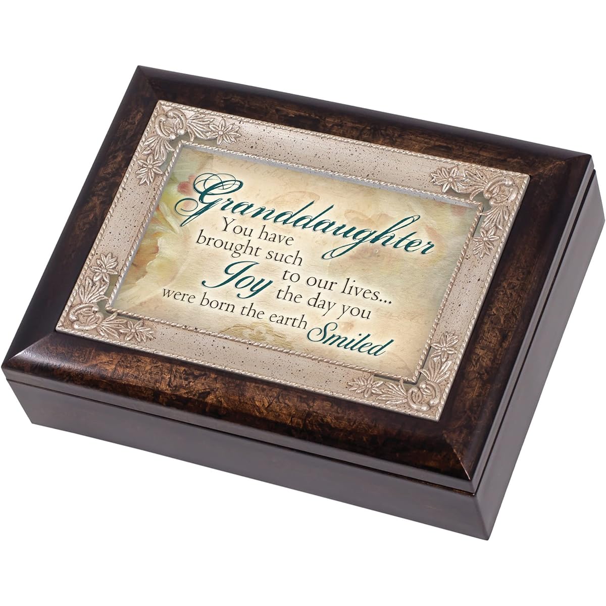 Granddaughter Joy to Our Lives Dark Wood Finish Jewellery Music Box Plays Tune Amazing Grace