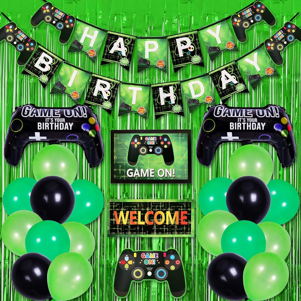 Garma Video Game Party Supplies Gamer Birthday Decorations for Boys, Green Black Balloons, Garland Arch Kit, Banner, Hanging Sign, Green Foil Fringe Curtain, Gamepad Balloon